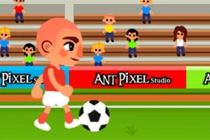 Bohater z kreskówki w czerwonej koszulce i białych spodenkach kopie piłkę na trawiastym boisku, w tle siedzą widzowie na trybunach