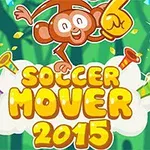 Małpa z uśmiechem unosząca się nad napisem „Soccer Mover 2015” na tle zielonych liści i kolorowych trąbek