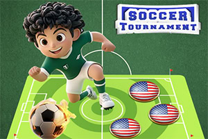 Postać z kręconymi włosami w zielonej koszulce gra w piłkę nożną na boisku, z trzema piłkami ozdobionymi flagą USA oraz napisem Soccer Tournament