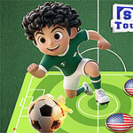 Postać z kręconymi włosami w zielonej koszulce gra w piłkę nożną na boisku, z trzema piłkami ozdobionymi flagą USA oraz napisem Soccer Tournament