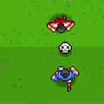 Dwóch pikselowych piłkarzy na boisku, z piłką pomiędzy nimi