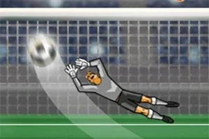 Animowany bramkarz wykonujący skok w kierunku piłki w pobliżu bramki