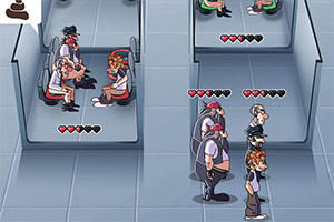 Postacie ubrane w stroje kucharzy siedzą lub stoją w kuchennych boksach, nad ich głowami widać wskaźniki serc