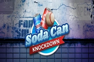 Dwie puszki z napojem i piłka baseballowa na tle pękniętej, niebieskiej ściany z napisem Soda Can Knockdown