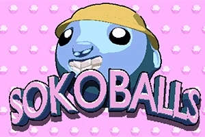 Niebieska postać w żółtym kapeluszu na różowym tle z białymi kropkami oraz dużym napisem Sokoballs