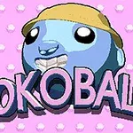 Niebieska postać w żółtym kapeluszu na różowym tle z białymi kropkami oraz dużym napisem Sokoballs