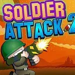 Żołnierz z hełmem strzelający z laserowej broni do latających spodków na pomarańczowym tle z napisem Soldier Attack 2