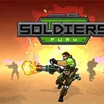 Żołnierz w zielonym mundurze i z bronią maszynową strzelający do przodu na tle zachodzącego słońca z sylwetkami innych żołnierzy w tle