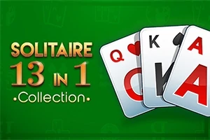 Napisy Solitaire 13 in 1 Collection na zielonym tle z trzema kartami: dama kier, król trefl, as kier