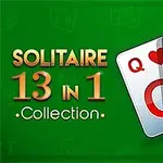 Napisy Solitaire 13 in 1 Collection na zielonym tle z trzema kartami: dama kier, król trefl, as kier