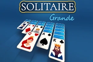 Układ kart z królami i damą na niebieskim tle z napisem Solitaire Grande