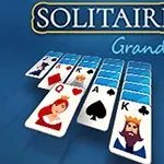 Układ kart z królami i damą na niebieskim tle z napisem Solitaire Grande