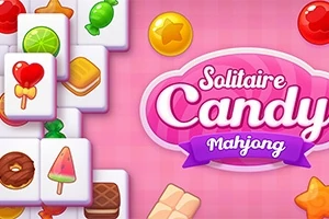 Kafelki z różnymi słodyczami na różowym tle z napisem Solitaire Candy Mahjong
