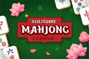 Logo z napisem „Solitaire Mahjong Classic” na zielonym tle, otoczonym płytkami do gry oraz różowymi kwiatami lotosu