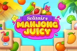 Kolorowy napis Solitaire Mahjong Juicy otoczony tropikalnymi owocami i papugą na tle niebieskiego nieba