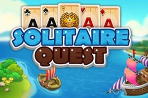 Karty do gry z symbolami, koroną oraz żaglówki na wodzie z napisem „Solitaire Quest”