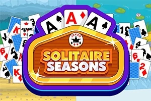 Karty do gry z różnymi symbolami, z centralnym tytułem Solitaire Seasons na barwnym tle