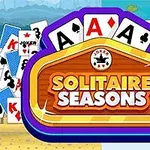 Karty do gry z różnymi symbolami, z centralnym tytułem Solitaire Seasons na barwnym tle