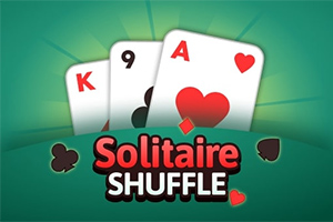 Trzy karty do gry (król kier, dziewiątka trefl, as kier) na zielonym tle z napisem Solitaire Shuffle