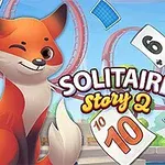 Pomarańczowy lisek mrugający okiem na tle kolorowego parku rozrywki z unoszącymi się kartami do gry i fragmentami kolejki górskiej