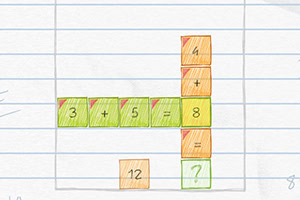 Kolorowe, ręcznie rysowane liczby w kratkach na kartce w kratkę tworzące równania matematyczne