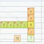 Kolorowe, ręcznie rysowane liczby w kratkach na kartce w kratkę tworzące równania matematyczne