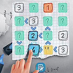 Krzyżówka z numerami i strzałkami na kartce w kratkę, ręka wskazująca jedno z pól, obok kalkulator i zakreślacz