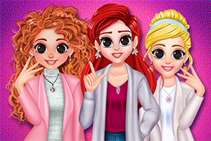 Trzy uśmiechnięte postacie w kolorowych strojach na różowym tle w jednolitym wzorze