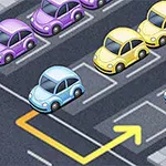 Samochody w pastelowych kolorach zaparkowane na parkingu z oznaczeniami i strzałką wskazującą drogę