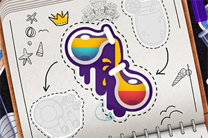 Ilustracja przedstawia naklejkę z kolorowymi okularami przeciwsłonecznymi na tle otwartego zeszytu z rysunkami wakacyjnymi