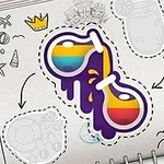 Ilustracja przedstawia naklejkę z kolorowymi okularami przeciwsłonecznymi na tle otwartego zeszytu z rysunkami wakacyjnymi