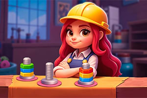 Postać z różowymi włosami w żółtym kasku, w laboratorium z kolorowymi elementami na blacie