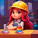 Postać z różowymi włosami w żółtym kasku, w laboratorium z kolorowymi elementami na blacie