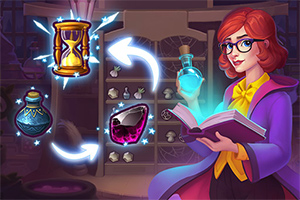 Kobieta w okularach i fioletowym płaszczu trzyma książkę, obok niej unoszą się eliksiry, klepsydra i klejnot, a tło stanowi laboratorium z półkami i fiolkami