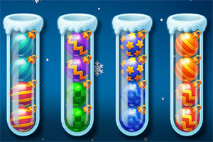 Cztery szklane probówki wypełnione kolorowymi, wzorzystymi kulkami świątecznymi na niebieskim tle z płatkami śniegu