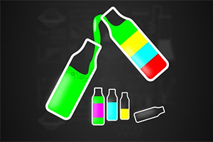 Butelki z kolorowymi cieczami na czarnym tle, jedna butelka przelewa płyn do drugiej