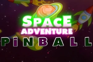 Kolorowe logo z napisem Space Adventure Pinball na tle kosmosu z planetą i rakietami