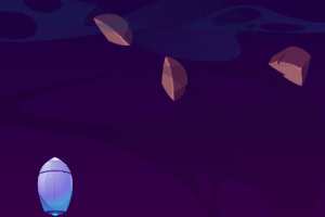 Fioletowe tło ze statkiem kosmicznym na dole i unoszącymi się w powietrzu brązowymi asteroidami