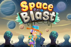 Kosmiczny krajobraz z kolorowymi planetami w tle oraz postacią w futurystycznym stroju na pierwszym planie, z napisem Space Blast u góry