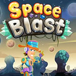 Kosmiczny krajobraz z kolorowymi planetami w tle oraz postacią w futurystycznym stroju na pierwszym planie, z napisem Space Blast u góry