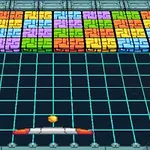 Kolorowe bloki ułożone w rzędach na tle siatki z platformą i piłką na dole obrazu