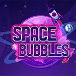 Ilustracja z napisem Space Bubbles na tle fioletowej planety z pierścieniami, rakietą i planetami w przestrzeni kosmicznej