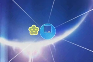 Niebieskie tło z jasnymi liniami przecinającymi się, żółtą ikoną w kształcie kwiatka oraz niebieskim okręgiem z kwadratem wewnątrz