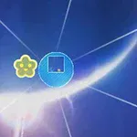 Niebieskie tło z jasnymi liniami przecinającymi się, żółtą ikoną w kształcie kwiatka oraz niebieskim okręgiem z kwadratem wewnątrz