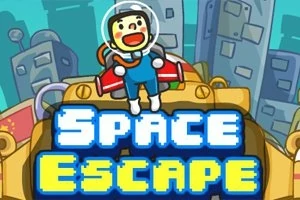 Postać w skafandrze kosmicznym trzymająca czerwony przedmiot na tle futurystycznego miasta z napisem Space Escape