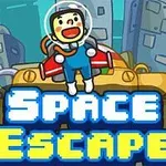 Postać w skafandrze kosmicznym trzymająca czerwony przedmiot na tle futurystycznego miasta z napisem Space Escape