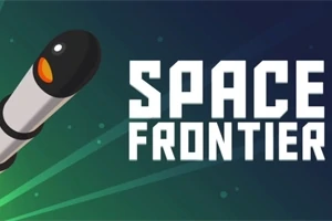 Rakieta lecąca w kosmos z napisem Space Frontier na tle przestrzeni kosmicznej