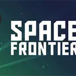 Rakieta lecąca w kosmos z napisem Space Frontier na tle przestrzeni kosmicznej