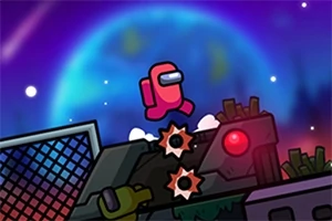 Czerwona postać w skafandrze, skacząca po metalowym wraku na tle kolorowego, kosmicznego krajobrazu z widoczną planetą