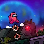 Czerwona postać w skafandrze, skacząca po metalowym wraku na tle kolorowego, kosmicznego krajobrazu z widoczną planetą